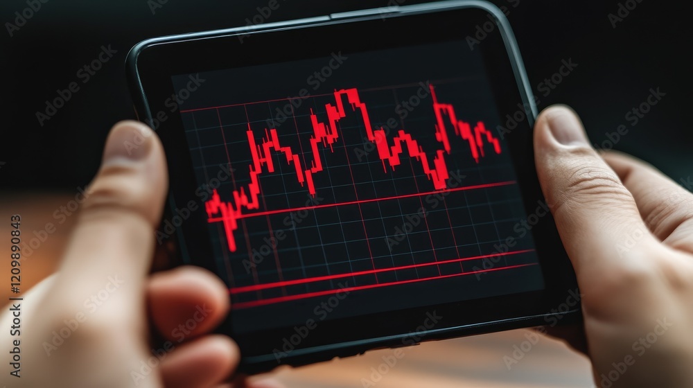 Poster a business chart showing a sharp decline displayed on a smartphone screen held by worried hands.