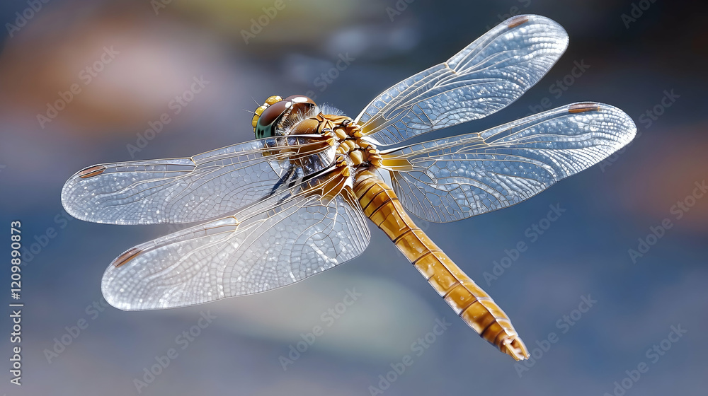 Poster macro shot of a dragonfly hovering over water, showcasing its transparent wings and segmented body i