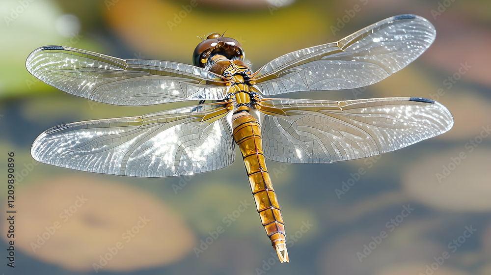 Poster macro shot of a dragonfly hovering over water, showcasing its transparent wings and segmented body i