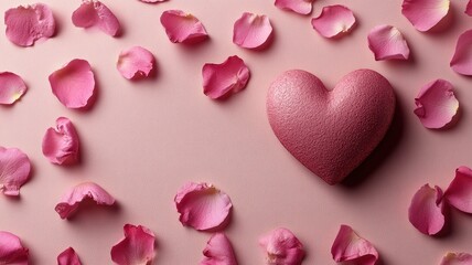 Fototapeta premium Romantic heart and petals arrangement pink background digital art minimalist design aesthetic view love concept