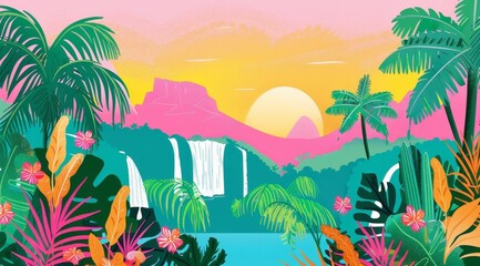 Obraz premium A vibrant illustration of a tropical landscape with a waterfall, mountains, palm trees, and flowers at sunset.