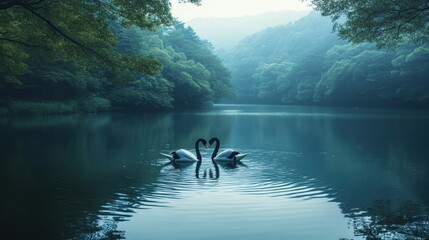 Obraz premium A harmonious scene of black and white swans in a heart shape on a serene lake, with soft ripples enhancing tranquility.