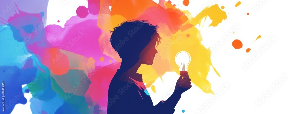 Poster a silhouette of a person holding a lightbulb with colorful paint splashes behind them, symbolizing t