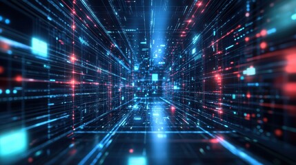 Fototapeta premium A high-tech cyber environment with neon lights and a pulsating grid, showcasing a sleek digital future.