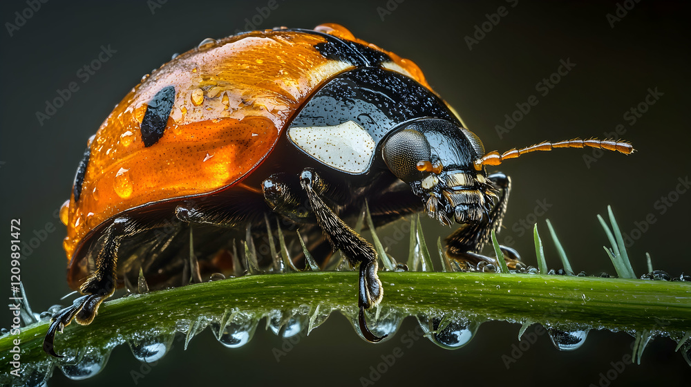 Poster macro shot of a ladybug on a wet grass blade, emphasizing its glossy shell and intricate details und