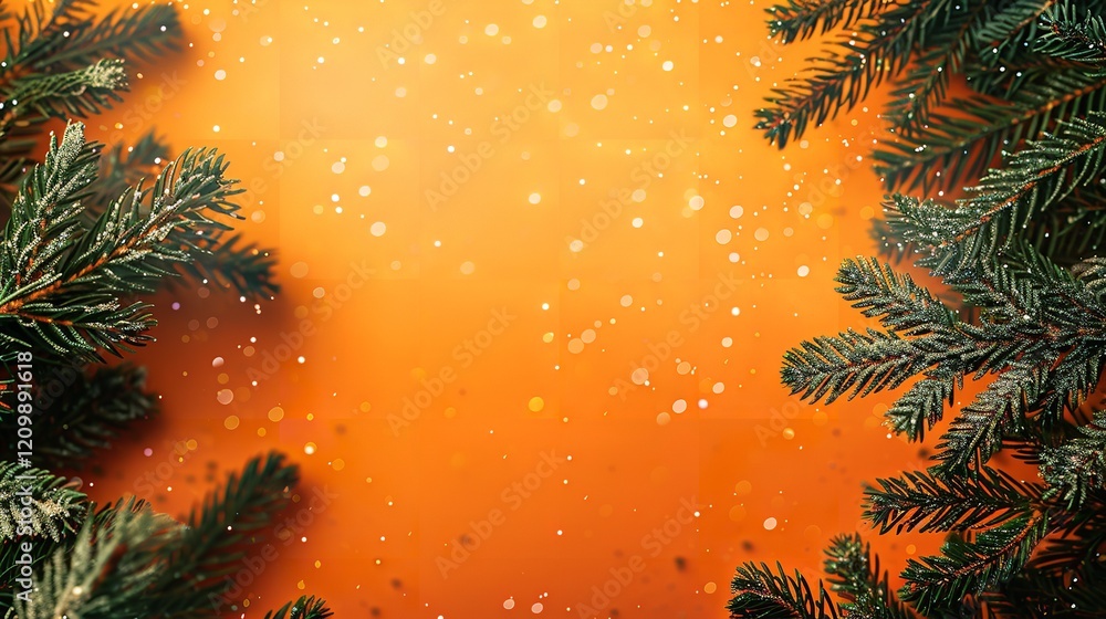 Aufkleber a close-up of a beautiful orange backdrop with dazzling trees and green fir branches on either side 