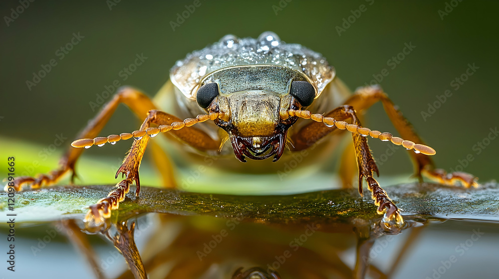 Aufkleber macro view of a beetle crawling on a dewy leaf, its reflective shell and tiny legs highlighted under