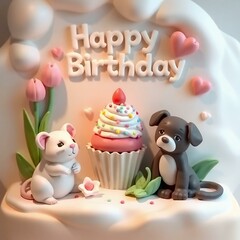 Cute Birthday Cake with Mouse & Dog, Happy Birthday Decor