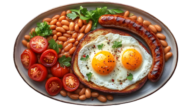 Top-View Rendering of Full English Breakfast Plate, Png