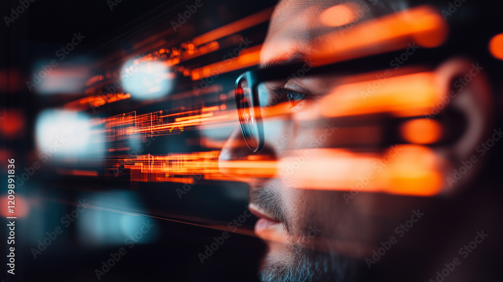 Poster focused man with glasses gazes at digital data streams, symbolizing technology and innovation in mod