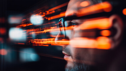 focused man with glasses gazes at digital data streams, symbolizing technology and innovation in modern workspace. vibrant colors create dynamic atmosphere
