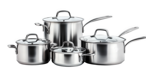a set of stainless steel cooking pots and pans. varying in size each pot features a lid and sturdy handles. designed for efficient cooking and food preparation ideal for both home kitchens and profess