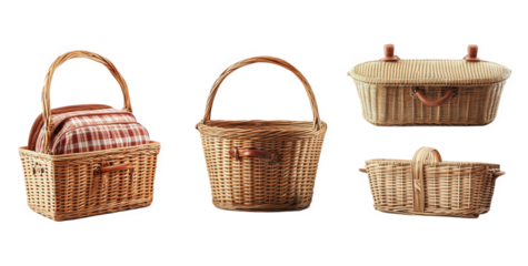 a variety of woven baskets. each differing in shape and size some are designed for picnic use. featuring checkered fabric. while others are simpler in design. suitable for storage or carrying items th