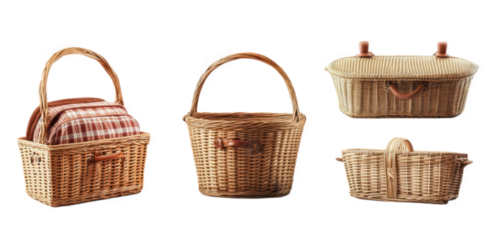 a variety of woven baskets. each differing in shape and size some are designed for picnic use. featuring checkered fabric. while others are simpler in design. suitable for storage or carrying items th