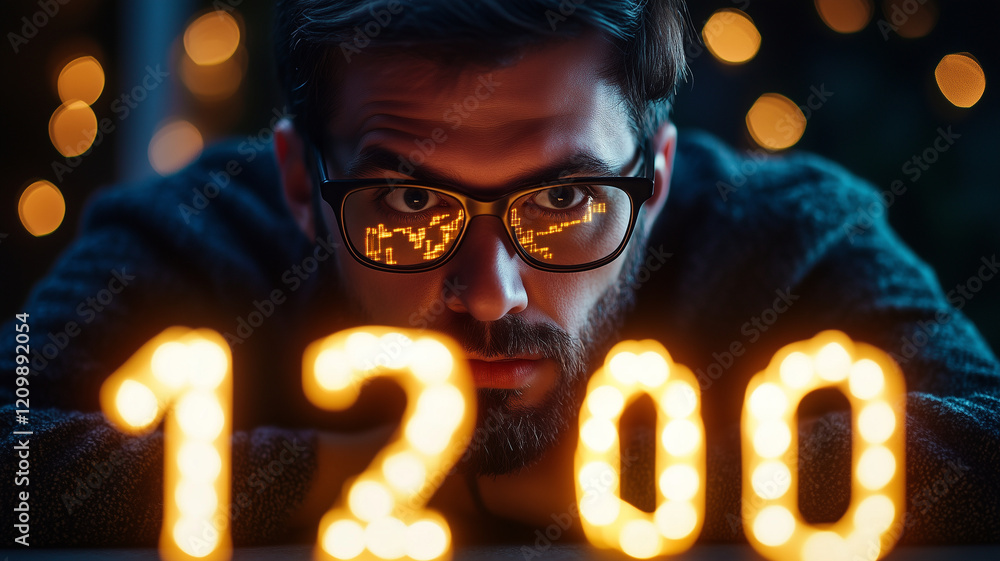 Aufkleber man with glasses gazes intently at glowing numbers, symbolizing time or countdown, surrounded by war