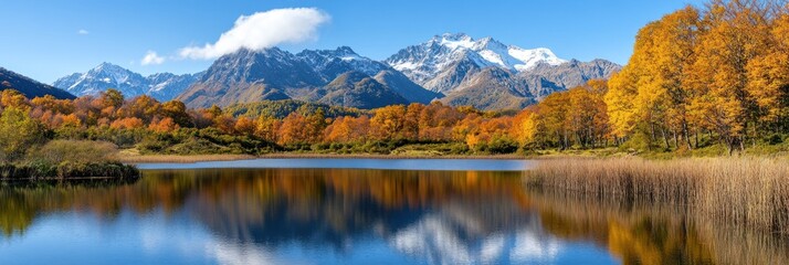 Fototapeta premium Autumn lake reflecting vibrant golden hues and peaks
