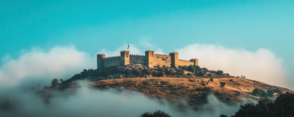 Fototapeta premium A grand castle perched atop a hill, its towers piercing the clouds and its flag fluttering in the wind.
