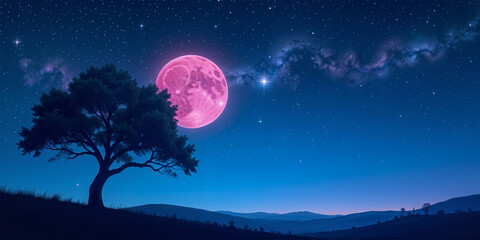 the moon and stars over a big tree backgrond image 