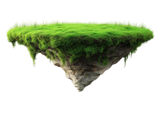 a floating island covered in lush green grass. with a rocky underside. creating a surreal and imaginative landscape this concept often symbolizes nature. creativity. and fantasy in artistic representa
