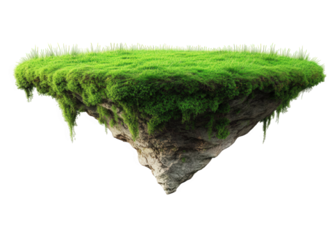 a floating island covered in lush green grass. with a rocky underside. creating a surreal and imaginative landscape this concept often symbolizes nature. creativity. and fantasy in artistic representa