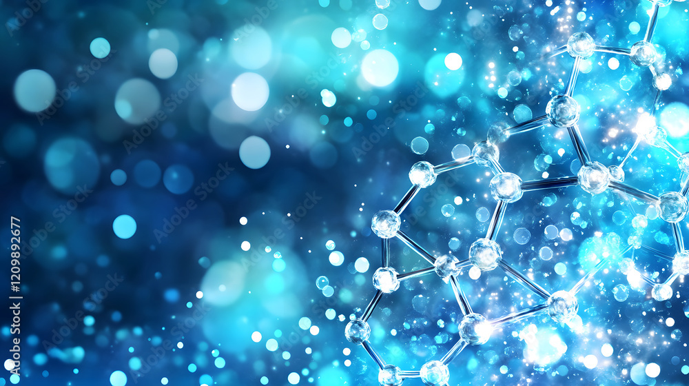Poster a vibrant abstract representation of molecular structures set against a blue bokeh background, evoki