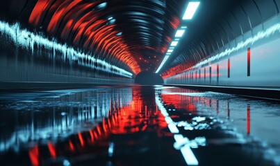 3D Rendering of curved tunnel with led glowing lights on ceiling and reflection from puddle on wet dark street surface. Concept for fast business technology, car advertising background, Generative AI