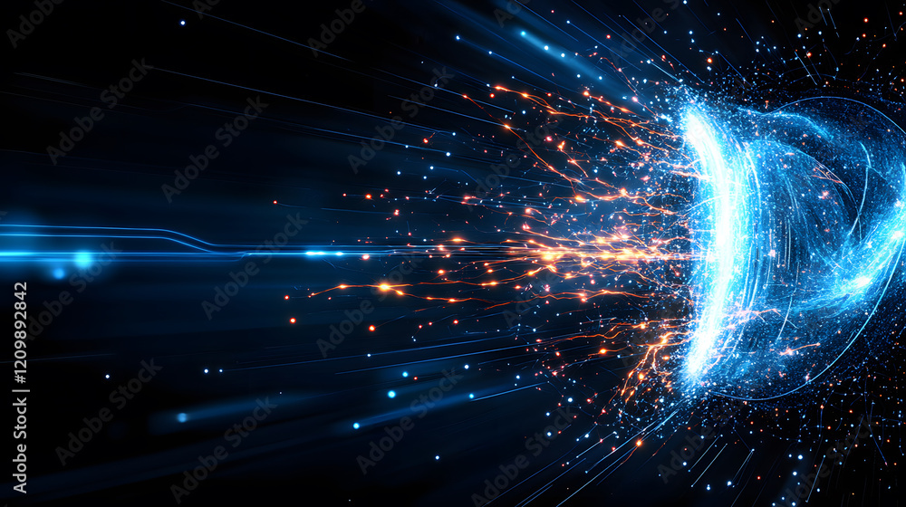 Poster A dynamic burst of blue light and particles, illustrating energy movement and digital abstraction in a cosmic setting