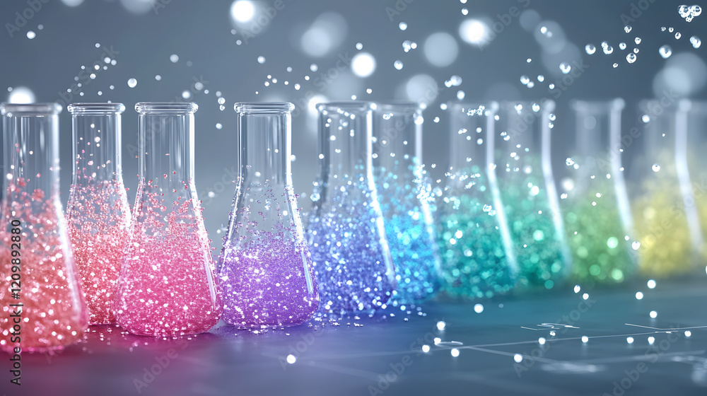 Poster colorful glass flasks filled with shimmering liquids create a vibrant, magical atmosphere, illuminat