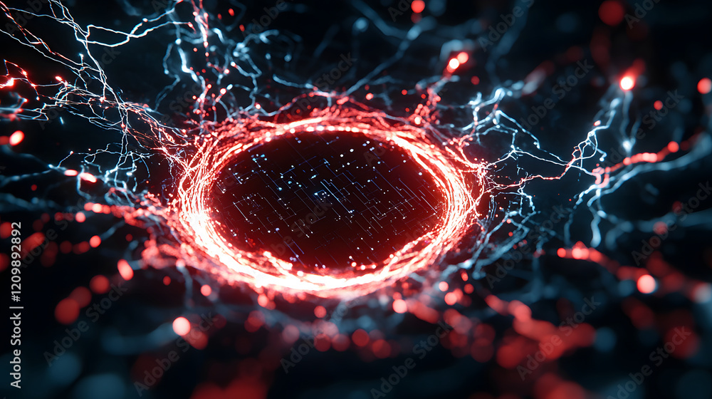 Poster a vibrant, abstract representation of energy waves emanating from a central circular core, featuring