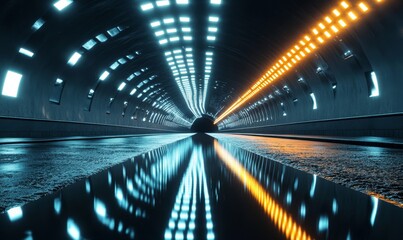 3D Rendering of curved tunnel with led glowing lights on ceiling and reflection from puddle on wet dark street surface. Concept for fast business technology, car advertising background, Generative AI