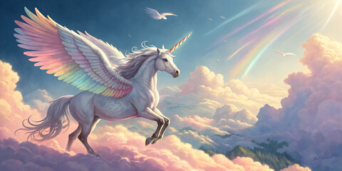 Fototapeta premium Majestic Unicorn with Wings Soaring Through a Vibrant Fantasy Landscape