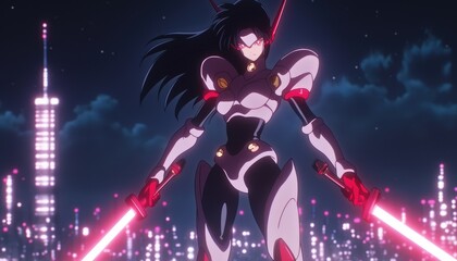 Anime Female Warrior Stands With Lightsabers In City