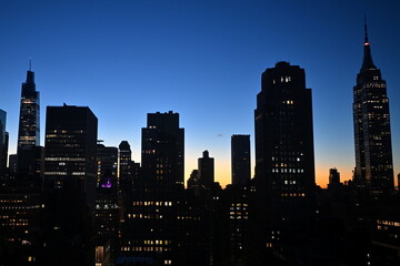 View of the landmark Manhattan skyline at sunrise in New York City in the USA