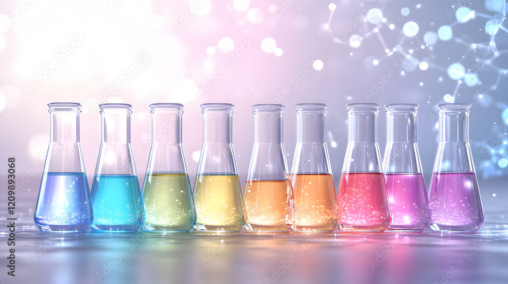 Poster colorful glass flasks filled with vibrant liquids arranged in a row, creating a visually appealing s
