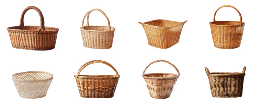 collection of various wicker baskets. showcasing different shapes and sizes. including round and square designs these baskets are made from natural materials. highlighting their utility for storage. d
