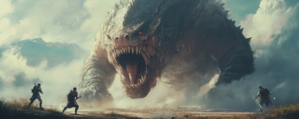 A group of adventurers battling a fearsome monster, their bravery and determination shining through.