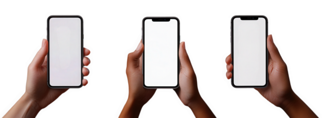 three hands holding smartphones with blank screens against a white background the diversity in skin tones of the hands highlights inclusivity in technology usage the purpose seems to emphasize the rol