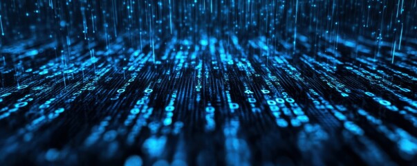 Binary numbers streaming down in blue, creating a digital waterfall effect