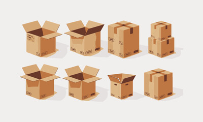 Fototapeta premium Parcel boxes pack set vector isometric and cardboard postal packages pile open and closed, easily editable.