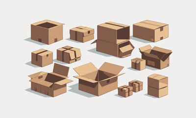 Parcel boxes pack set vector isometric and cardboard postal packages pile open and closed, easily editable.