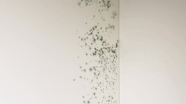 Fresh, young mold, fungus in the form of small circles growing on a white wall background in the corner