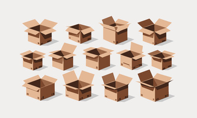 Fototapeta premium Parcel boxes pack set vector isometric and cardboard postal packages pile open and closed, easily editable.