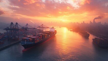 Fototapeta premium Dramatic Sunset Over Busy Port with Container Ship and Industrial Skyline Highlighting Urban Development and Maritime Activity in a Vibrant Scene