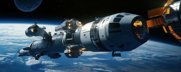 Obraz premium A sleek spaceship docking at a futuristic space station.