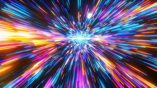 Vibrant dynamic lightspeed effect. Moving streaks of colorful light. Energy and motion captured in a long exposure shot. Abstract design. Beautiful big bang universe creation, hyper speed.