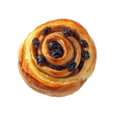 freshly baked cinnamon roll. showcasing its golden-brown pastry and spiral shape filled with dark raisins the roll is presented on a clean. white background. emphasizing its delicious appearance and i
