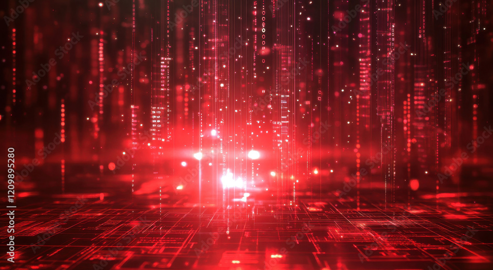 Aufkleber a vibrant digital data stream flows smoothly, illuminated by striking red light. the rhythmic pulsat