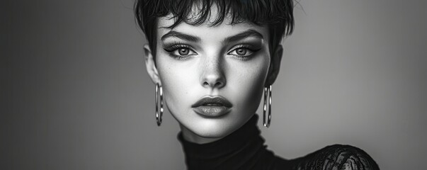 Fototapeta premium Black and white portrait of a stylish woman with short hair, showcasing elegance and confidence, with a minimalistic background that emphasizes