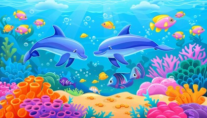 Fototapeta premium Two playful dolphins swim amongst colorful coral and fish in the ocean.