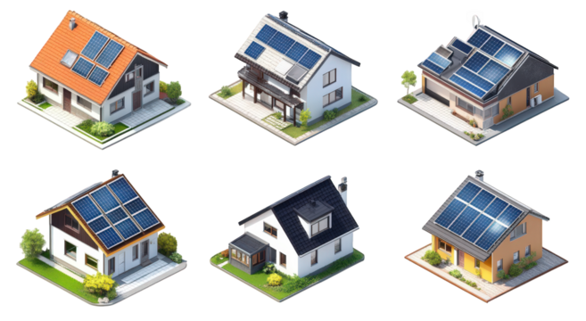 six distinct houses. each equipped with solar panels on their roofs. showcasing modern architecture and sustainable energy solutions the houses vary in design and color. emphasizing eco-friendly livin